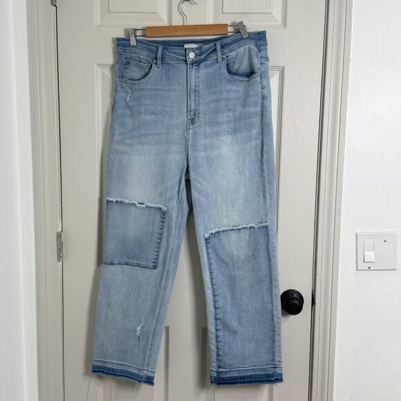 Risen Denim - Risen Jeans Womens 1XL Blue Straight Leg Patchwork Light Wash High Rise Stretch